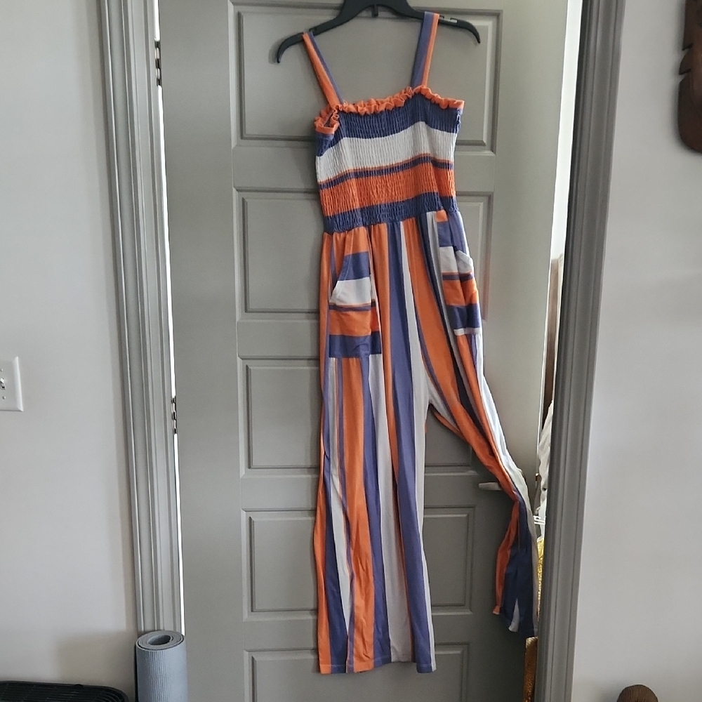 Striped Jumpsuit with Orange and Blue Accents